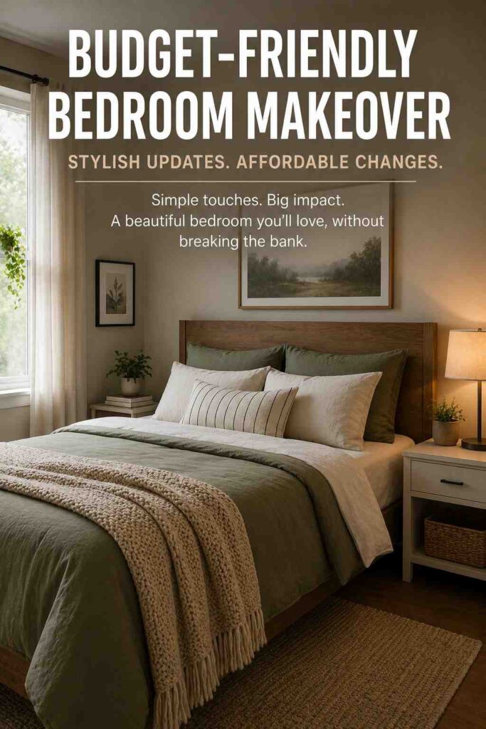 Bedroom Makeover: Practical Ideas to Create a Calm, Beautiful Room 3 budget bedroom makeover with fresh bedding, lamp, wall art, plant, and cozy throw