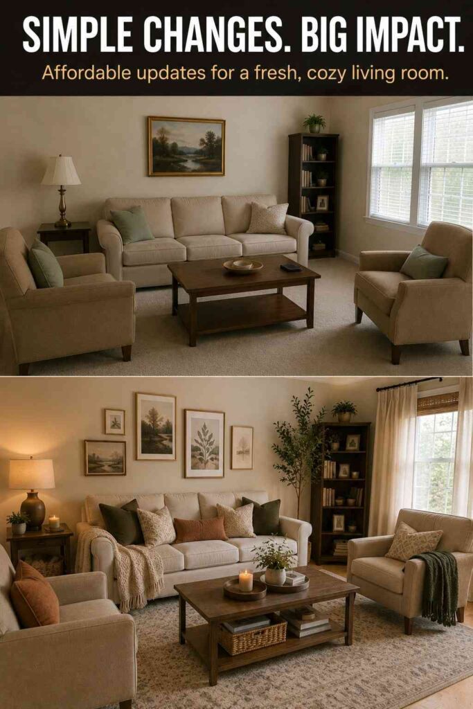 Living Room Ideas: A Complete Guide to Designing a Warm, Stylish, and Practical Space 8 Budget-friendly living room refresh with new pillows, rug, warm lamps, curtains, art, and styled coffee table.