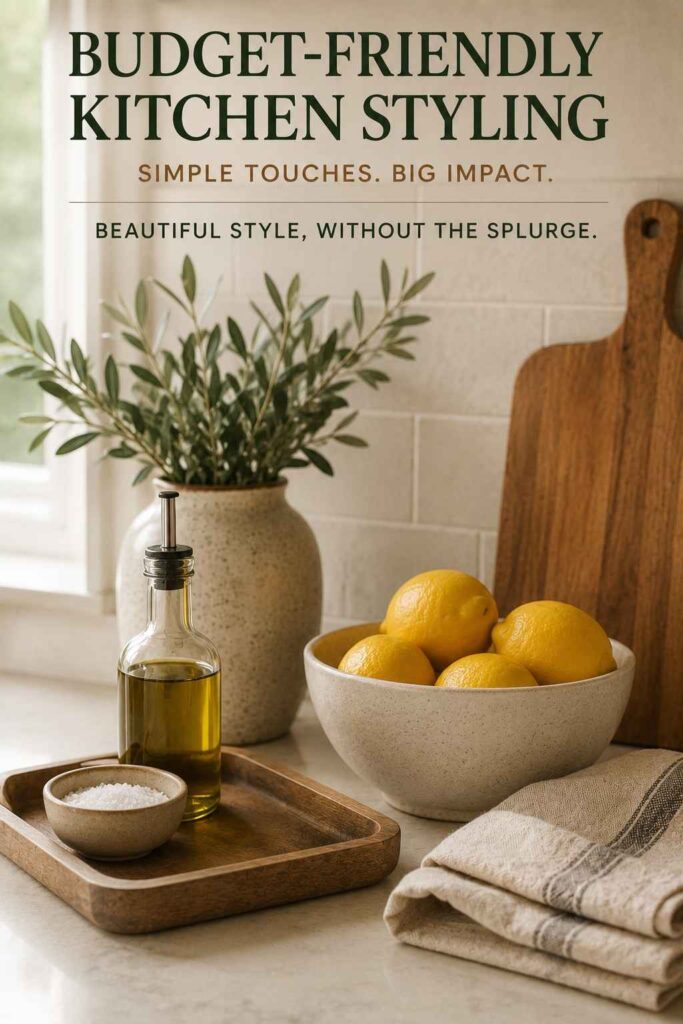 Kitchen Decor Ideas That Make Your Space Warmer, Smarter, and Easier to Love 9 Budget kitchen counter decor with tray, fruit bowl, linen towel, and wooden cutting board