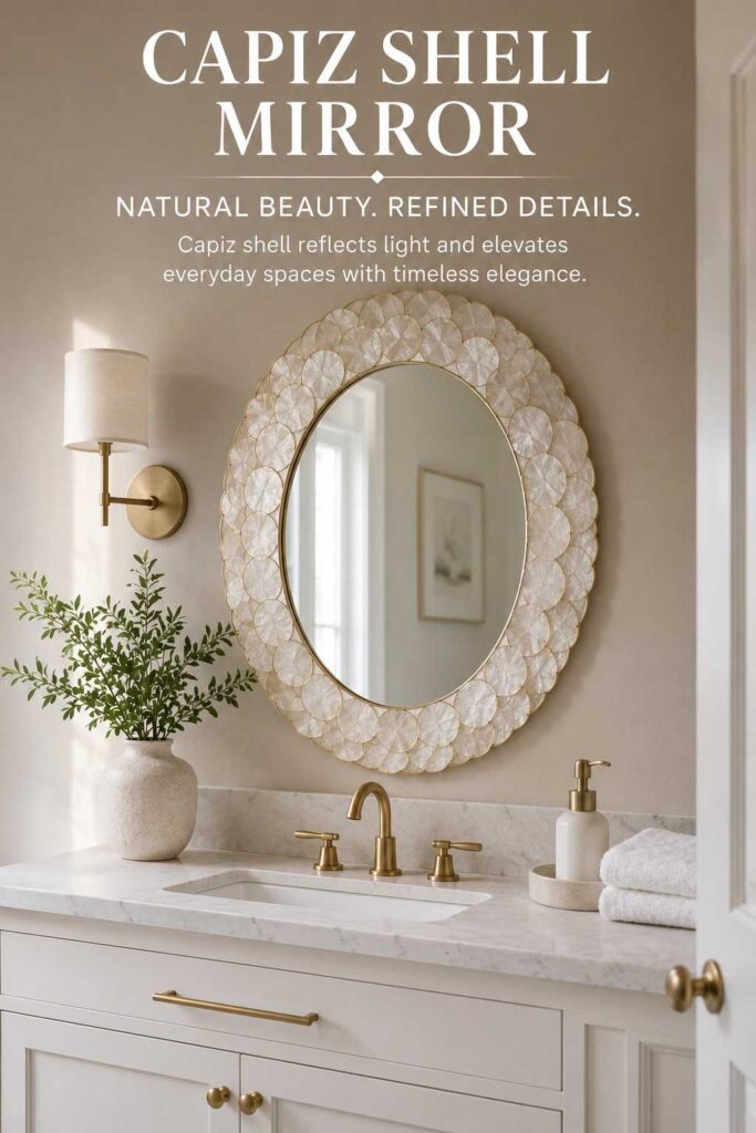 Capiz Shell Decor: A Complete Guide to Styling, Buying, and Caring for Natural Shell Accents 5 Capiz shell mirror in a bright bathroom with brass and white accents