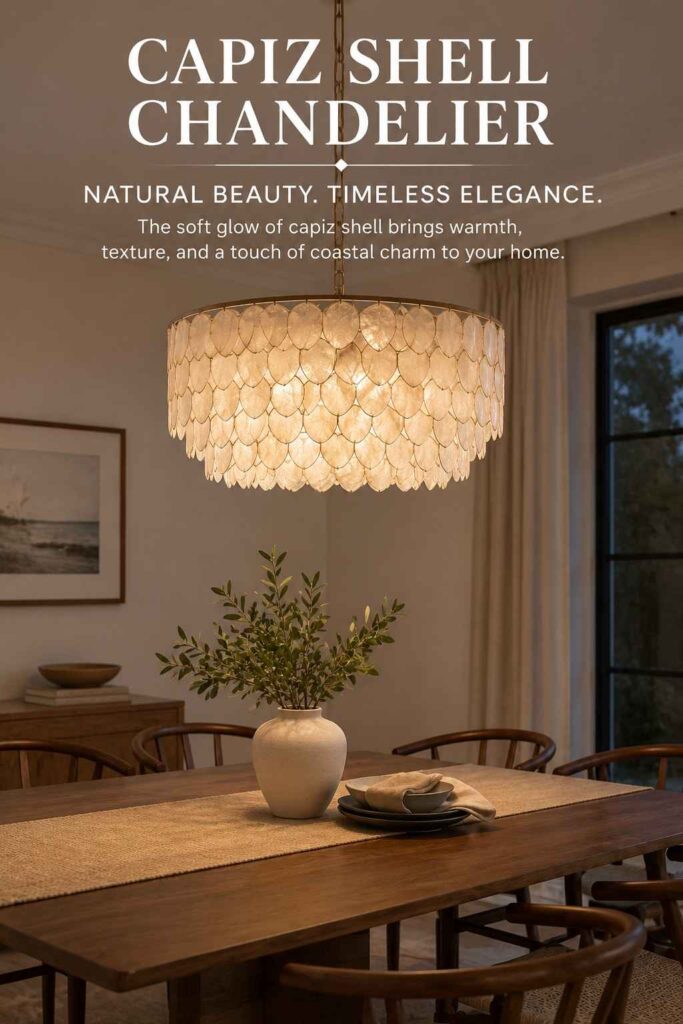 Capiz Shell Decor: A Complete Guide to Styling, Buying, and Caring for Natural Shell Accents 4 Capiz shell chandelier above a dining table in a warm elegant room