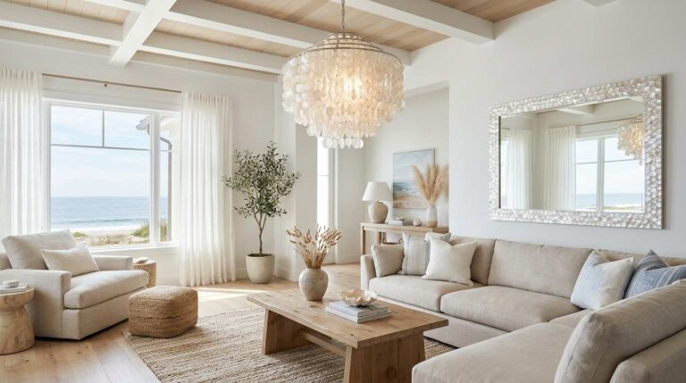 Capiz shell decor in an elegant living room with a shell chandelier and mirror