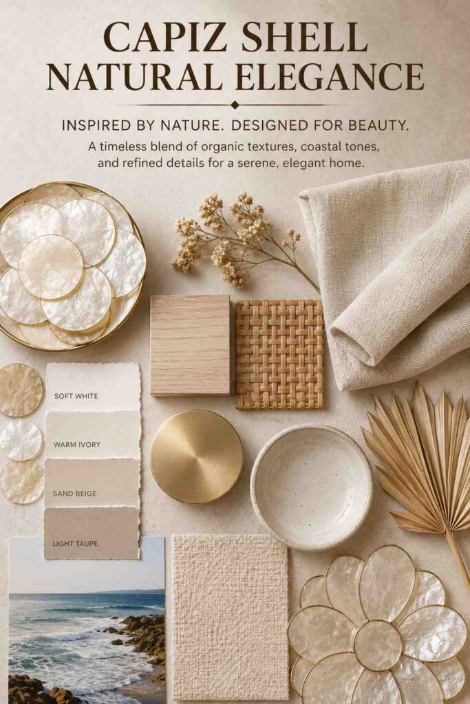 Capiz Shell Decor: A Complete Guide to Styling, Buying, and Caring for Natural Shell Accents 7 Capiz shell decor styling board with linen, rattan, brass, and neutral tones
