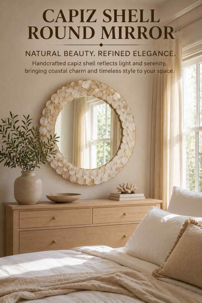 Capiz Shell Decor: A Complete Guide to Styling, Buying, and Caring for Natural Shell Accents 3 Round capiz shell mirror above a dresser in a calm neutral bedroom