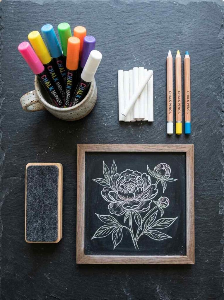 June Chalkboard Ideas That Will Make Your Home Shine All Month Long 7 flat lay of chalkboard art supplies including liquid chalk markers chalk pencils and eraser for June chalkboard ideas