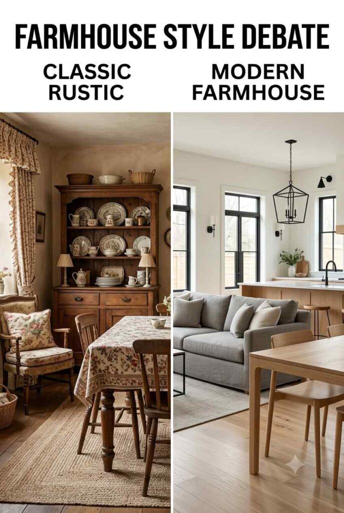Classic and modern farmhouse style interior comparison