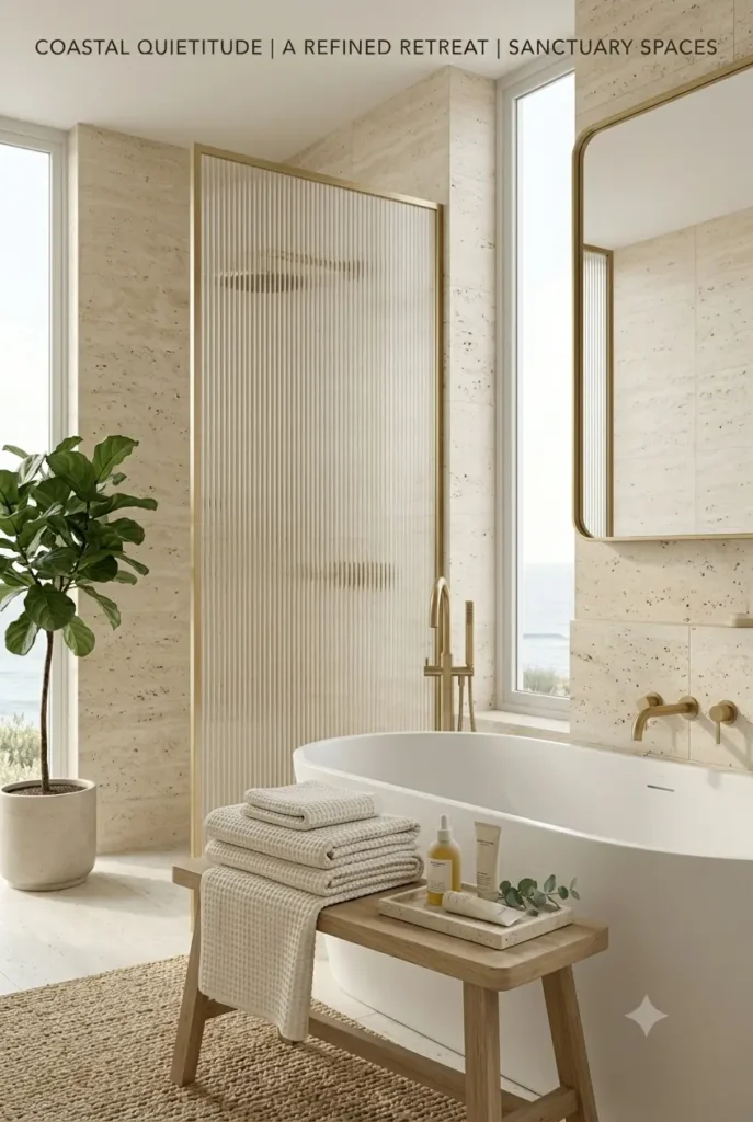Coastal quiet luxury bathroom with travertine walls, freestanding matte white tub, brushed brass fixtures, and eucalyptus styling
