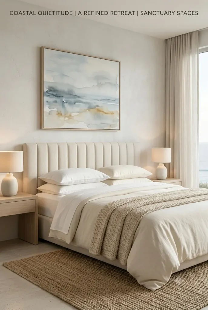 Coastal quiet luxury bedroom with linen-upholstered headboard, white linen bedding, bleached oak nightstands, and soft natural light
