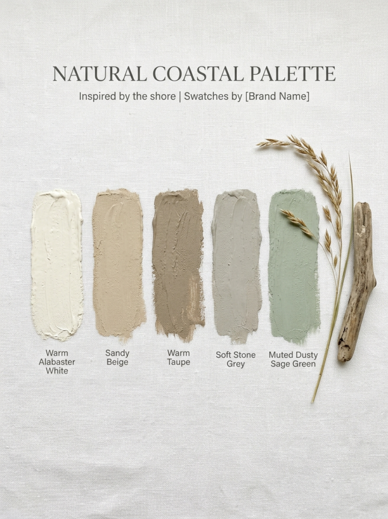 Coastal quiet luxury home color palette featuring warm white, sandy beige, taupe, stone grey, and sage green swatches