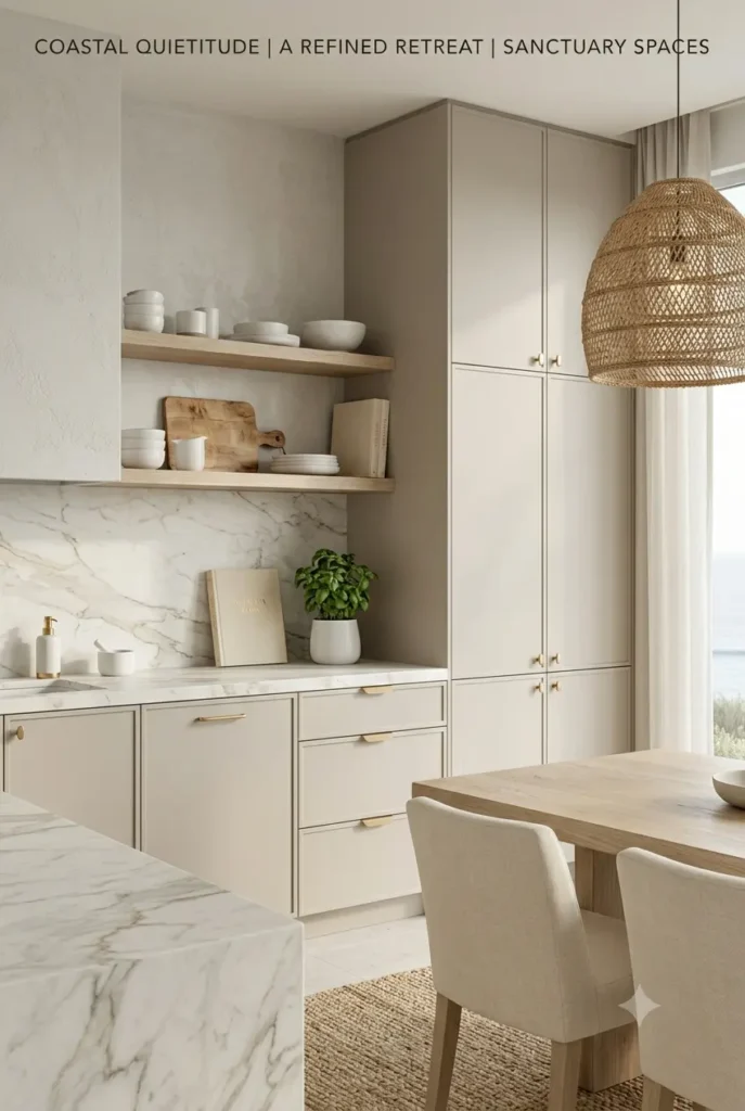 Coastal quiet luxury kitchen with greige flat-panel cabinets, honed marble countertop, unlacquered brass hardware, and open shelving
