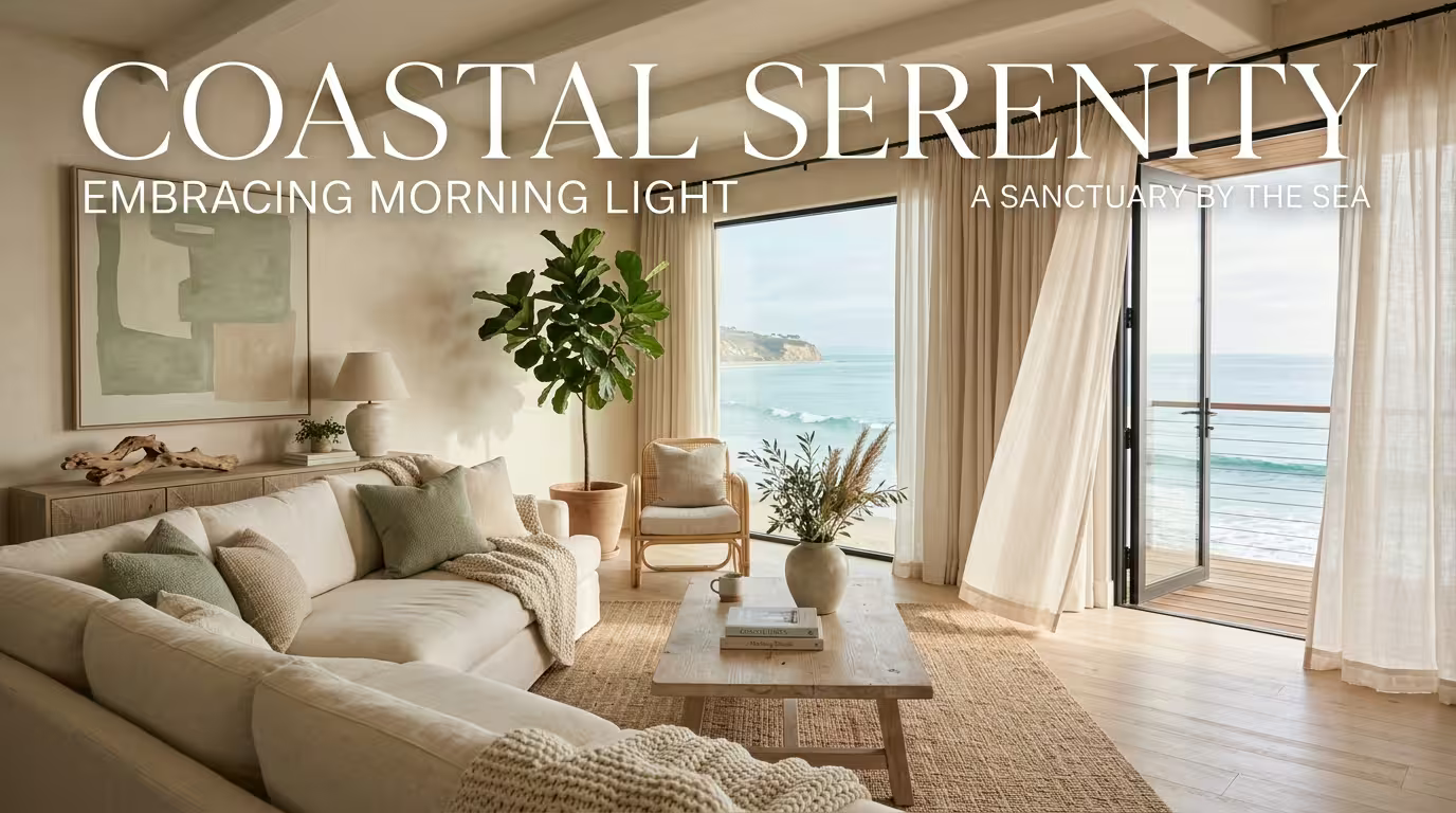 Coastal quiet luxury home ideas featuring a linen sofa, bleached oak coffee table, and ocean view in a serene living room
