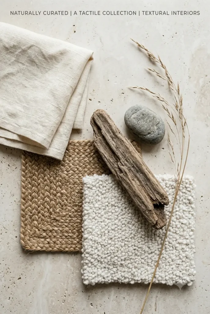 Natural materials for coastal quiet luxury interiors — linen fabric, jute weave, bouclé textile, driftwood, and sea grass
