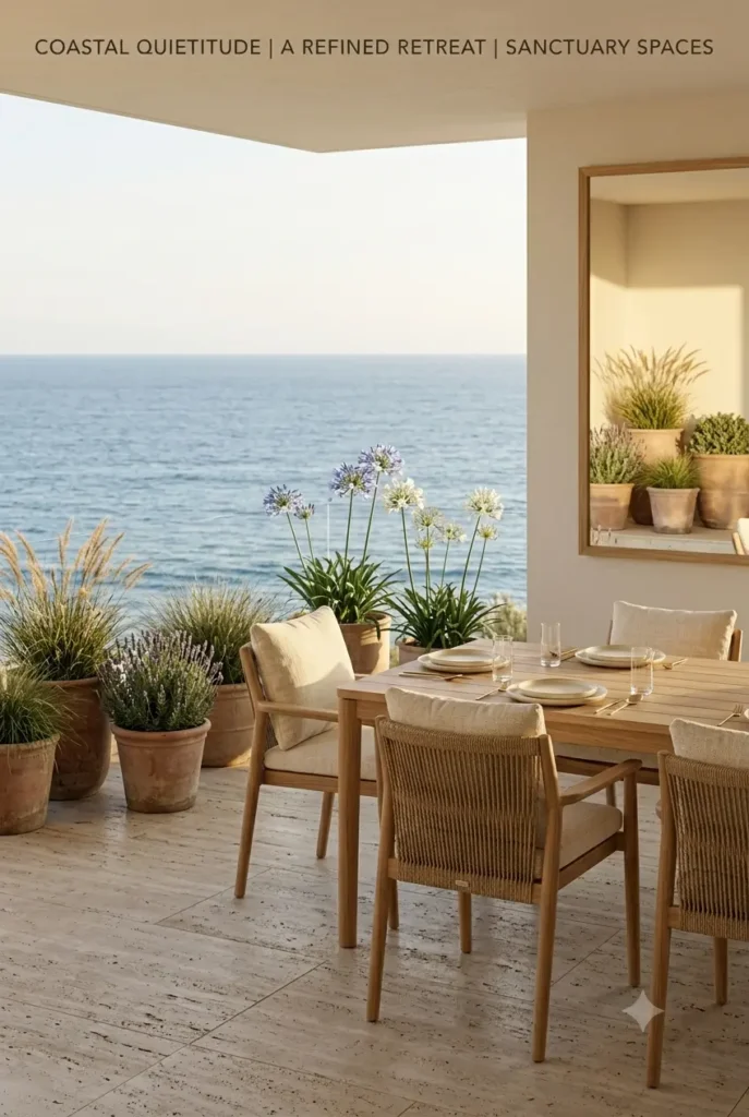 Coastal quiet luxury outdoor terrace with teak dining table, rope-weave chairs, terracotta planters, and ocean view
