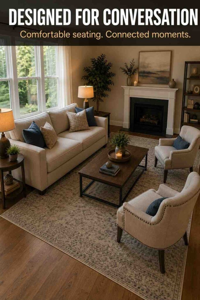 Living Room Ideas: A Complete Guide to Designing a Warm, Stylish, and Practical Space 3 Conversation-friendly living room seating with sofa, accent chairs, coffee table, rug, and warm lamps.