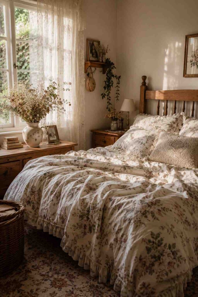 Room Aesthetics: 30+ Ultimate Guide to Designing a Space You'll Love 5 Cottagecore room aesthetic with floral linens and natural wood accents