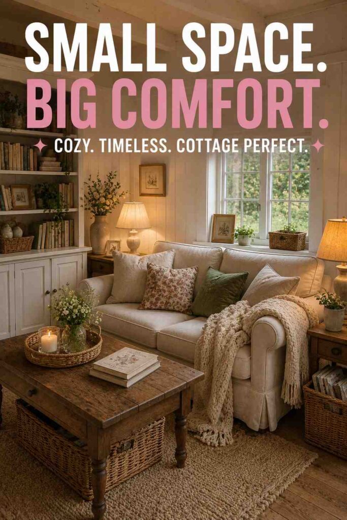 Cozy little cottage living room with soft textures, compact furniture, and warm lighting