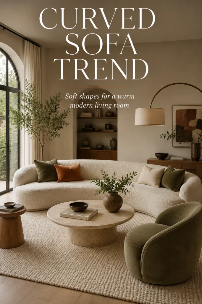 Curved sofa living room trend 2026 with rounded furniture and soft modern decor