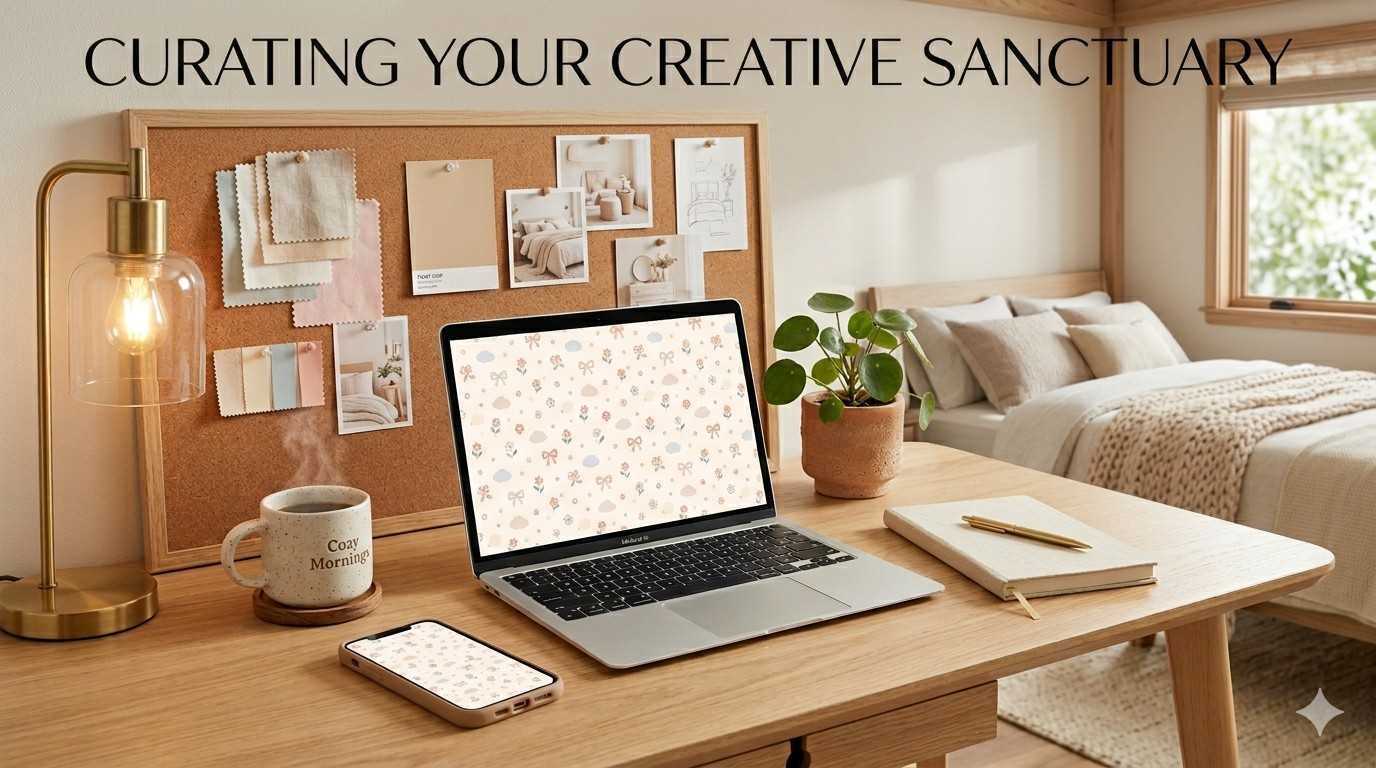 Cute wallpaper ideas shown on a phone, laptop, and cozy room mood board