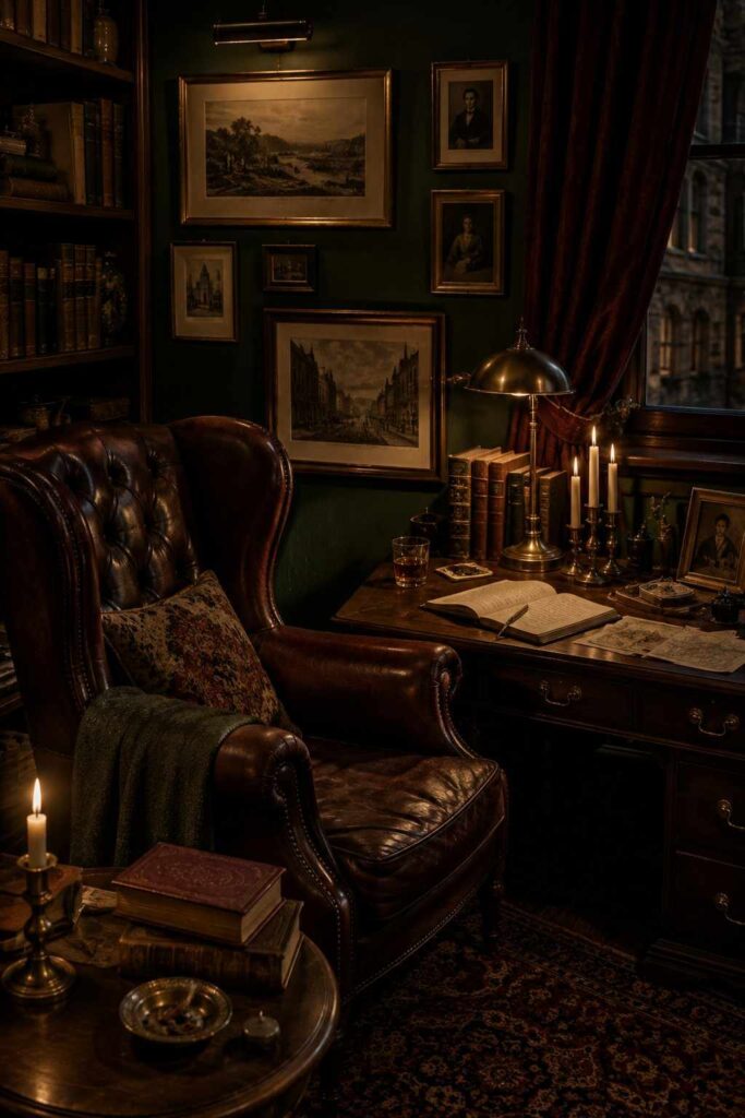Room Aesthetics: 30+ Ultimate Guide to Designing a Space You'll Love 6 Dark academia room aesthetic with leather armchair and vintage books
