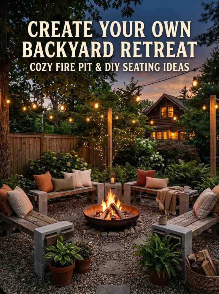 DIY cinder block benches with outdoor cushions surrounding a glowing backyard fire pit at dusk