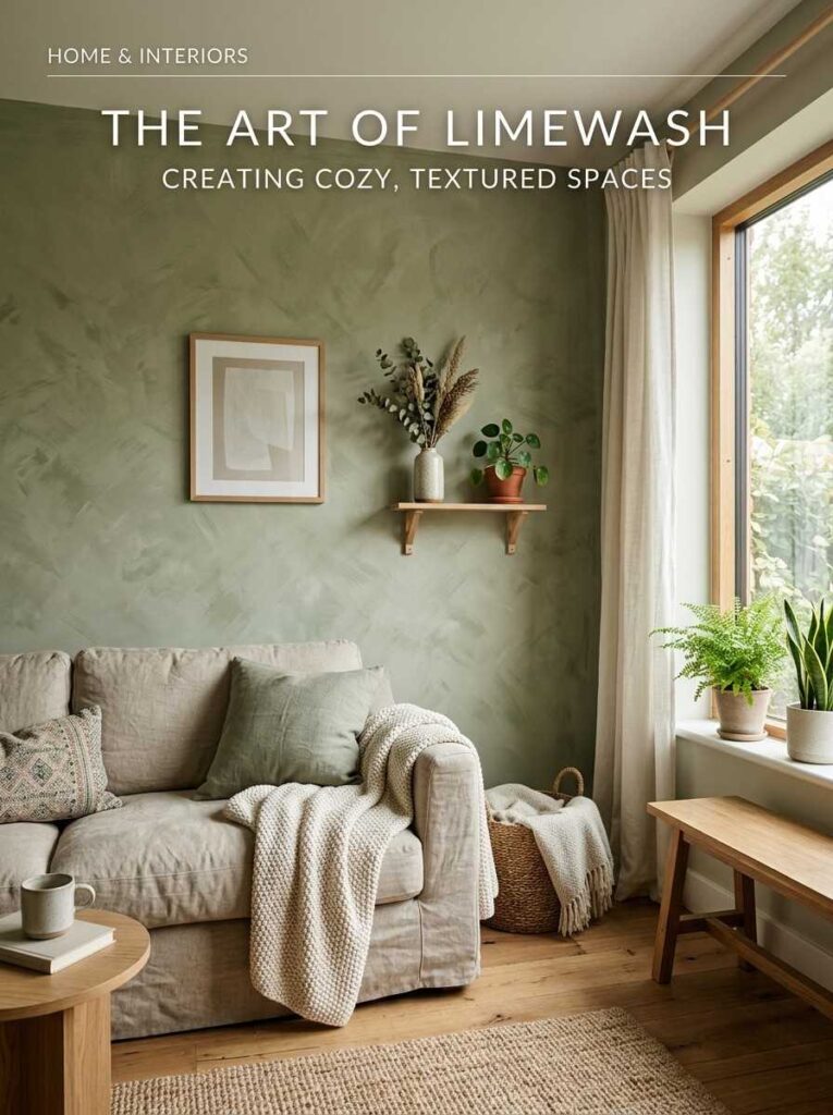 DIY limewash painted accent wall in muted sage green with a natural linen sofa in a minimalist living room