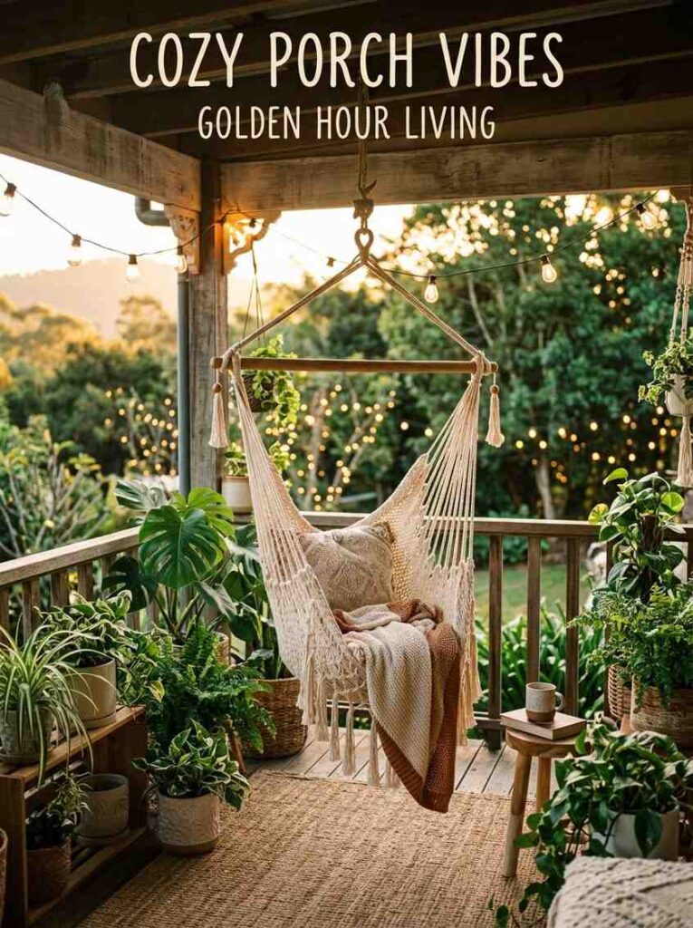 Handmade macramé rope hanging hammock chair on a wooden porch surrounded by plants and string lights
