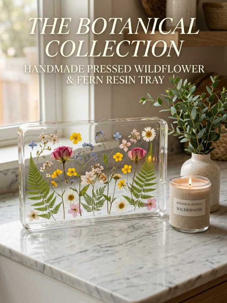 Handmade DIY pressed flower epoxy resin tray with wildflowers on a marble surface with candles