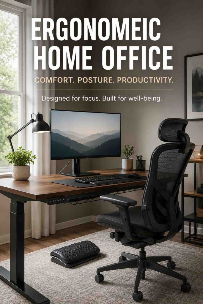 Office Room Decor: A Complete Guide to a Stylish, Comfortable Workspace 3 Ergonomic office desk setup with monitor, adjustable chair, footrest, and task lighting