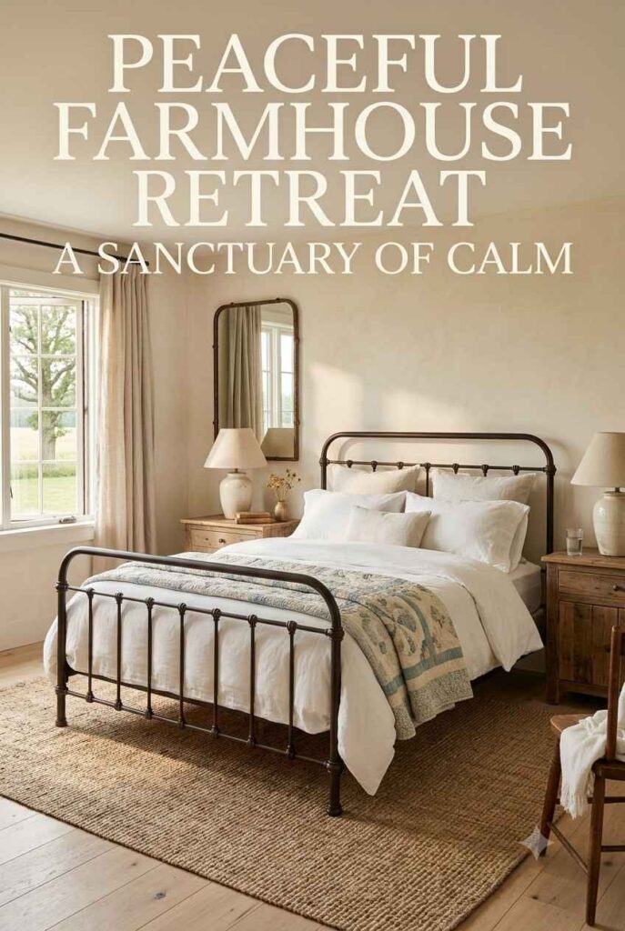 Farmhouse style bedroom with iron bed, quilt, and linen curtains