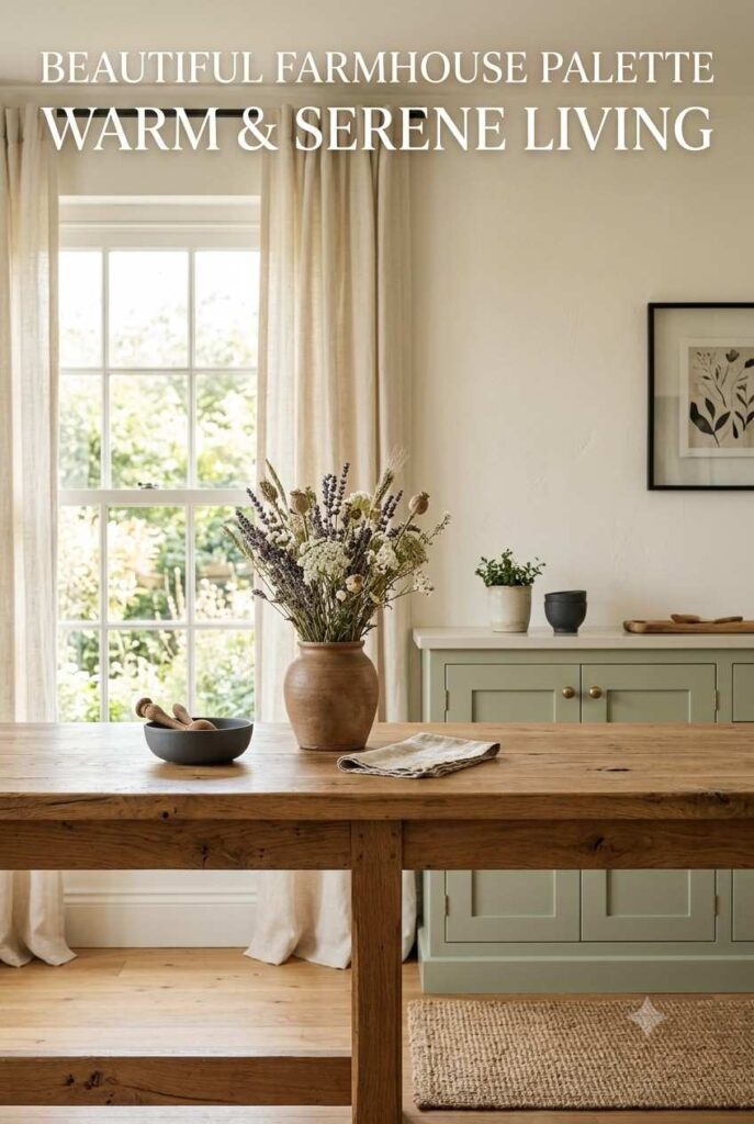 Farmhouse style color palette with warm neutrals and sage green accents
