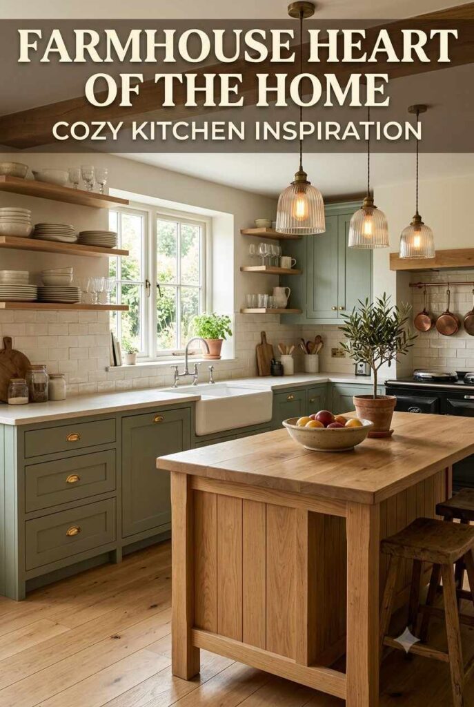 Farmhouse style kitchen with apron sink, wood island, and open shelves