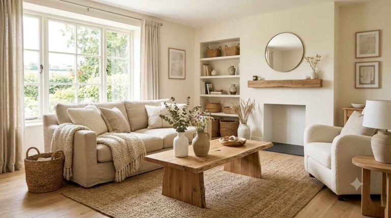 Farmhouse style living room with neutral decor and natural wood furniture