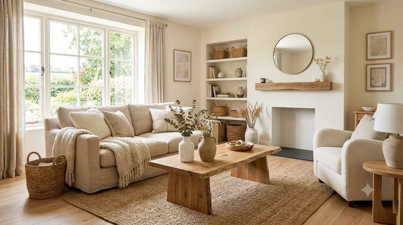 Farmhouse style living room with neutral decor and natural wood furniture