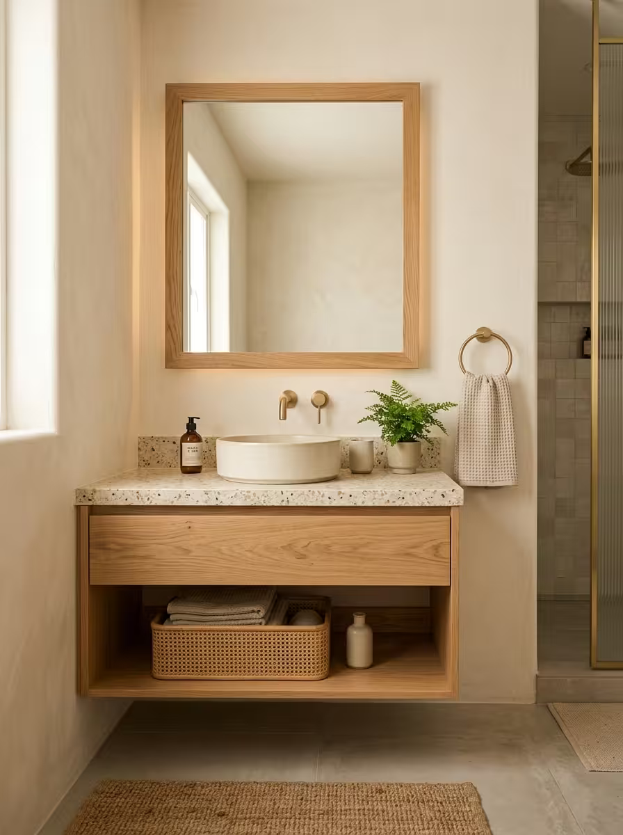 Bathroom Mirror Ideas for Every Design Style 3 framed bathroom mirror oak wood japandi style