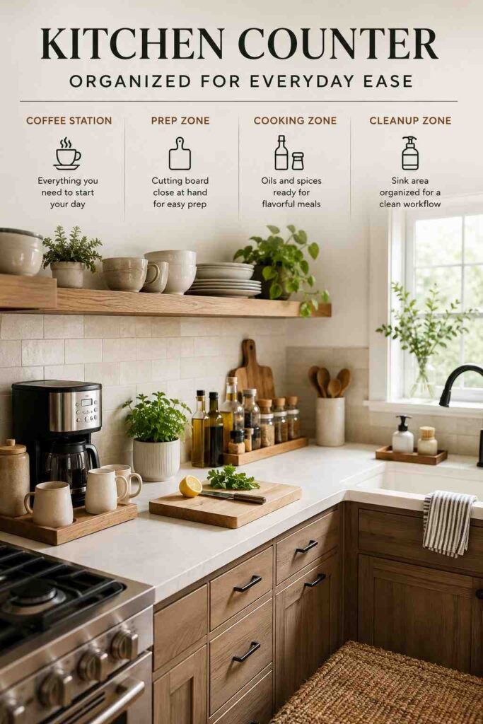 Kitchen Decor Ideas That Make Your Space Warmer, Smarter, and Easier to Love 2 Organized kitchen counter with coffee station, prep space, and cooking essentials