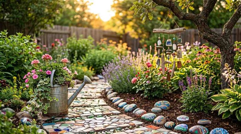 Backyard garden transformed with handmade garden art DIY projects