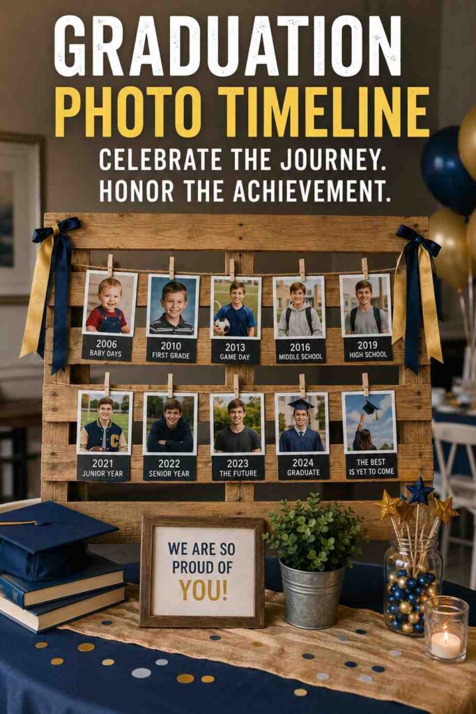 Pallet Photo Display: Rustic DIY Ideas, Safe Wood Tips, and Styling Guide 7 Graduation pallet photo board with childhood photos and senior pictures arranged as a memory timeline