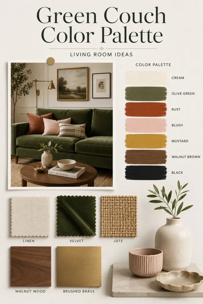 Green couch color palette with cream, rust, blush, mustard, walnut, and black decor accents.