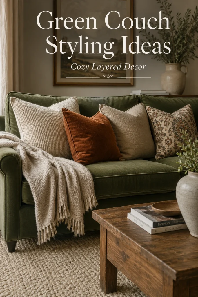 Green couch styled with cream pillows, rust accents, neutral rug, throw blanket, and wall art.