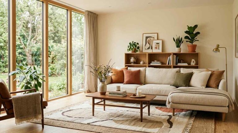 A 2026-style home living room built around warm neutrals and natural texture.