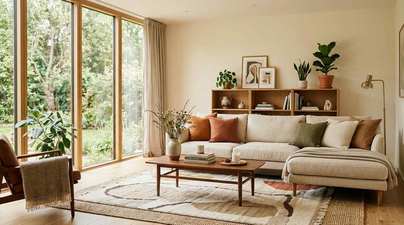 A 2026-style home living room built around warm neutrals and natural texture.