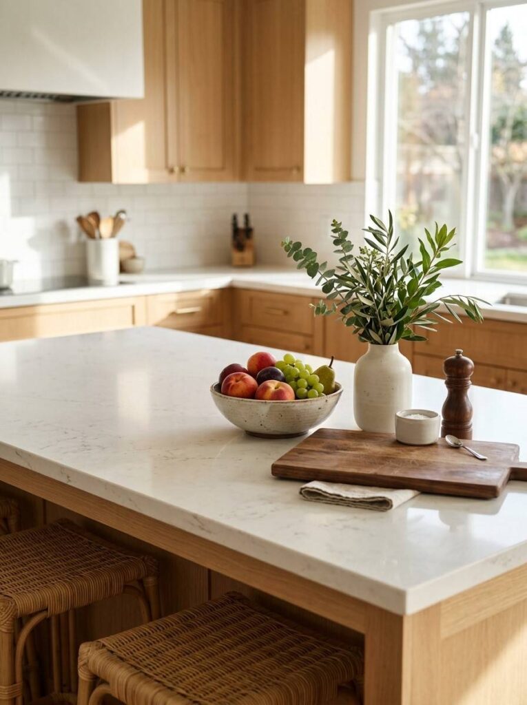 Island Design: A Complete Guide to Building a Beautiful, Functional Kitchen Centerpiece 6 Island design countertop styling with simple decor, fruit bowl, greenery, and usable workspace