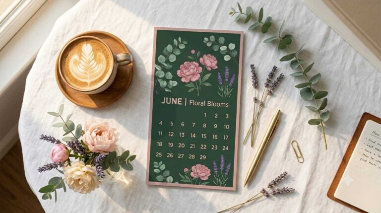 June calendar ideas featuring a botanical floral calendar layout with peonies and lavender on a linen background