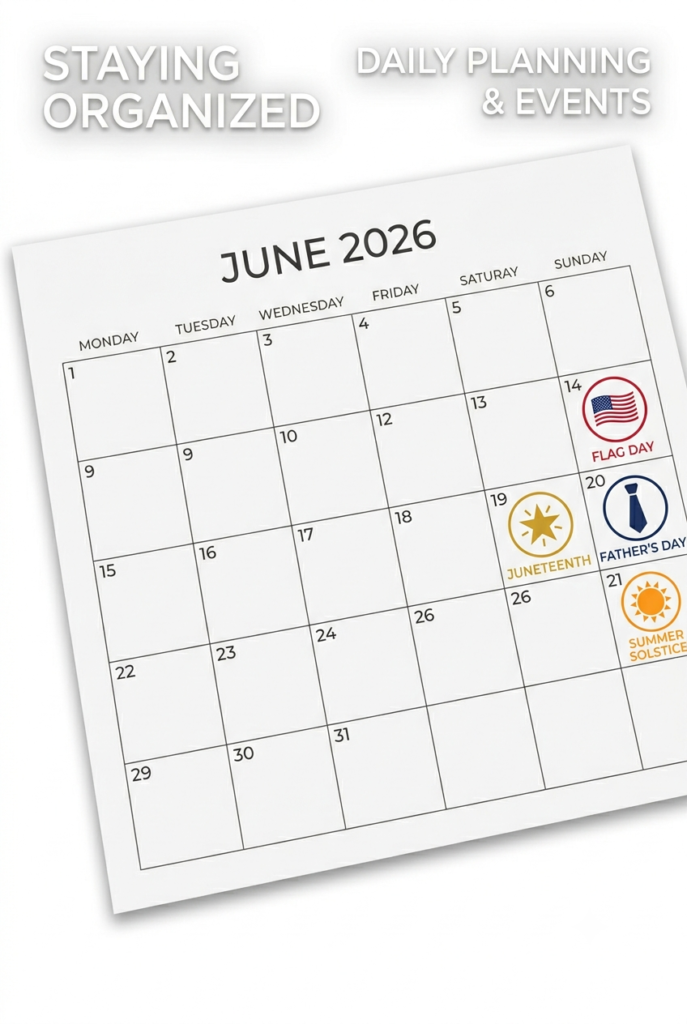 June 2026 calendar infographic showing key US dates: Flag Day June 14, Juneteenth June 19, Summer Solstice June 21, and Father's Day third Sunday