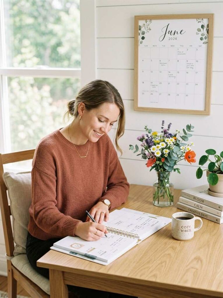 Woman writing in a June calendar planner at a sunlit desk with a framed wall calendar, wildflowers in a vase, and warm natural window light