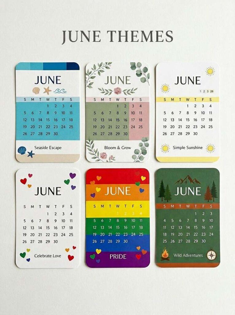 Five june calendar theme palettes including coastal, botanical, minimalist, Pride Month rainbow, and outdoor adventure swatches