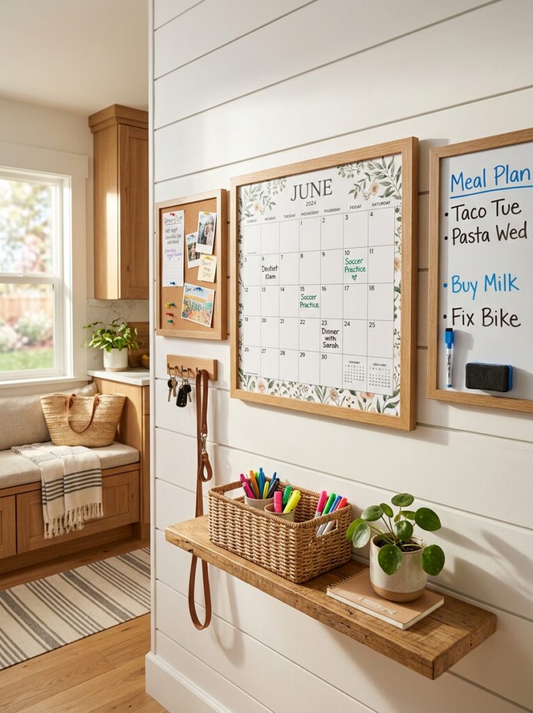June calendar wall station in a modern kitchen featuring a framed botanical calendar, cork board, and woven rattan basket organizer