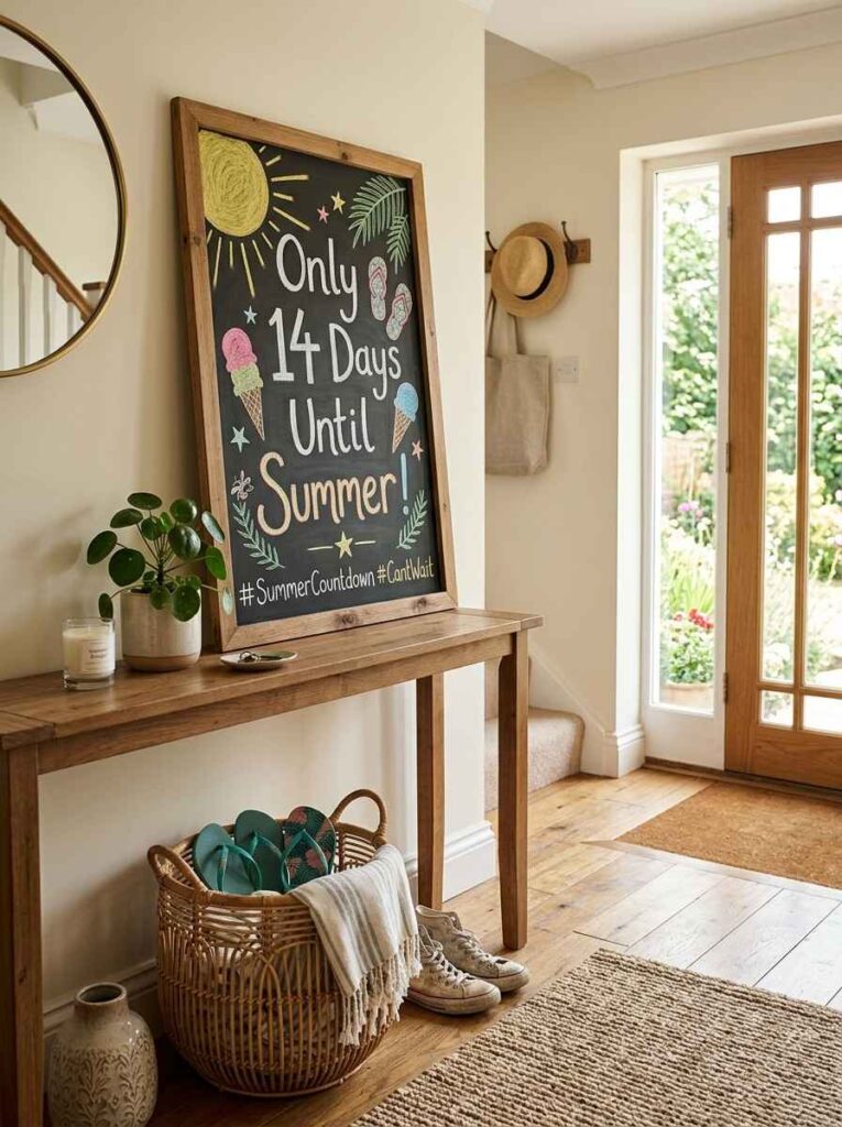 June Chalkboard Ideas That Will Make Your Home Shine All Month Long 2 entryway chalkboard displaying summer countdown message with chalk-drawn suns and ice cream cones for June