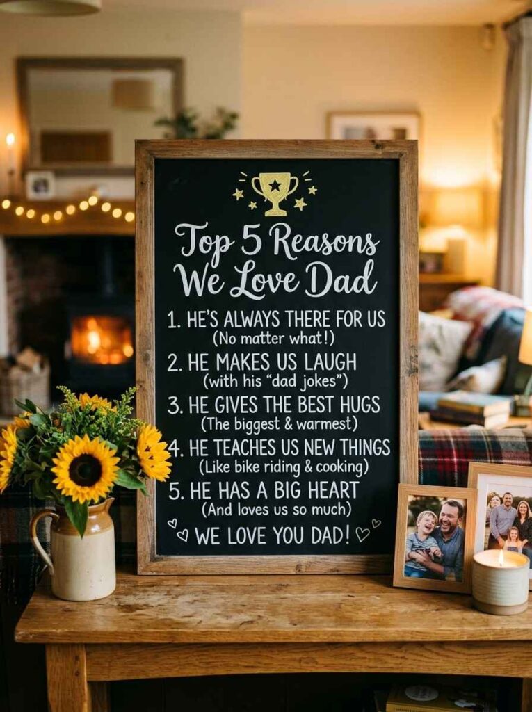 June Chalkboard Ideas That Will Make Your Home Shine All Month Long 4 June Father's Day chalkboard displaying Top 5 Reasons We Love Dad in white chalk lettering with trophy illustration