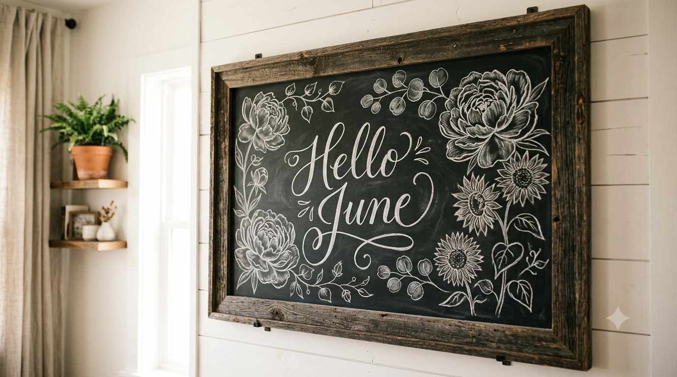 june chalkboard ideas featuring Hello June calligraphy with botanical peony and sunflower illustrations